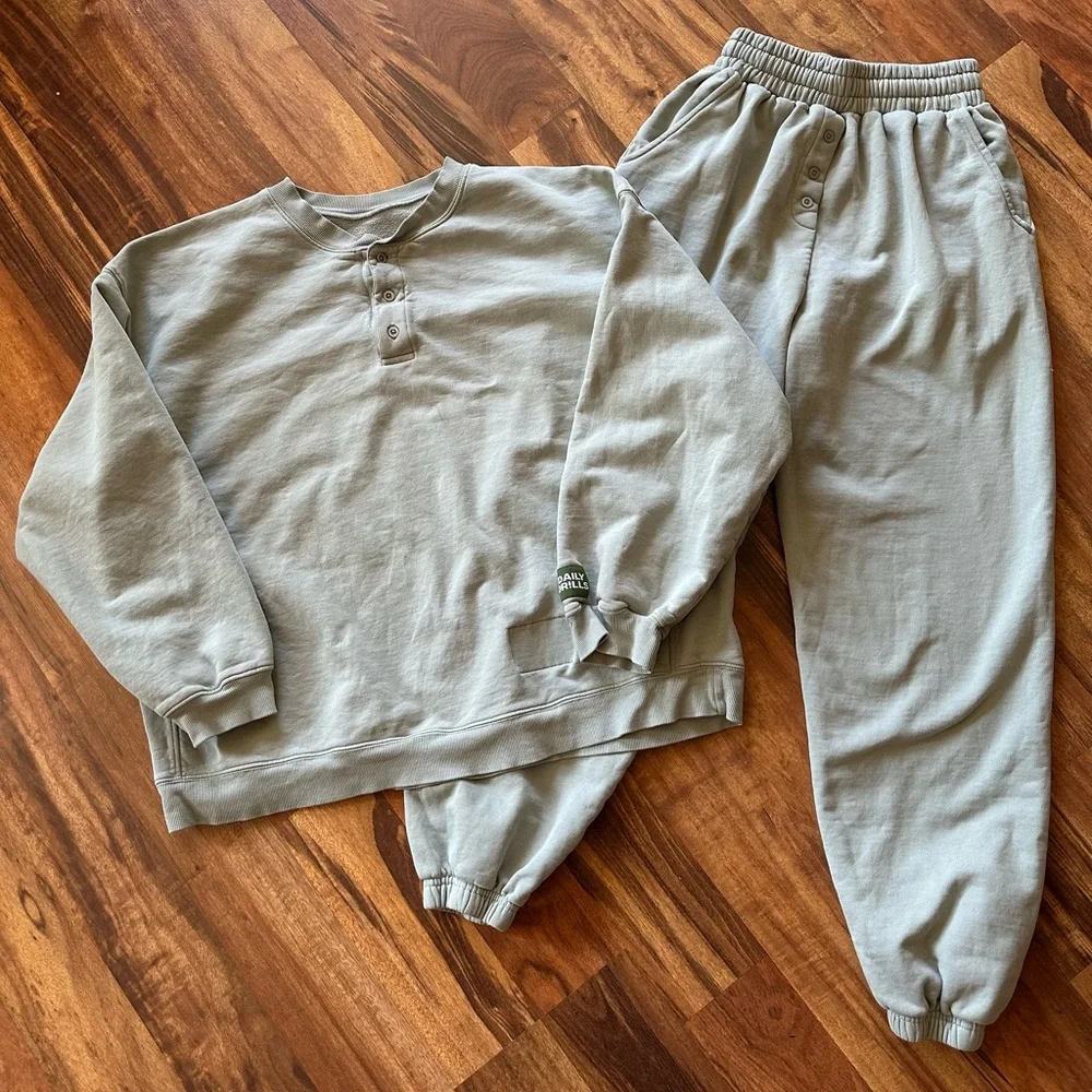 Daily Drills Oversized Henley Top and Joggers with Buttons - Picture 1 of 14